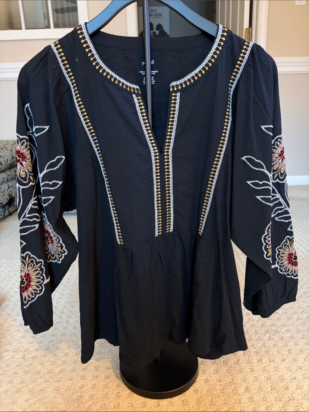 J. Jill Black Embroidered Boho Peasant Blouse
